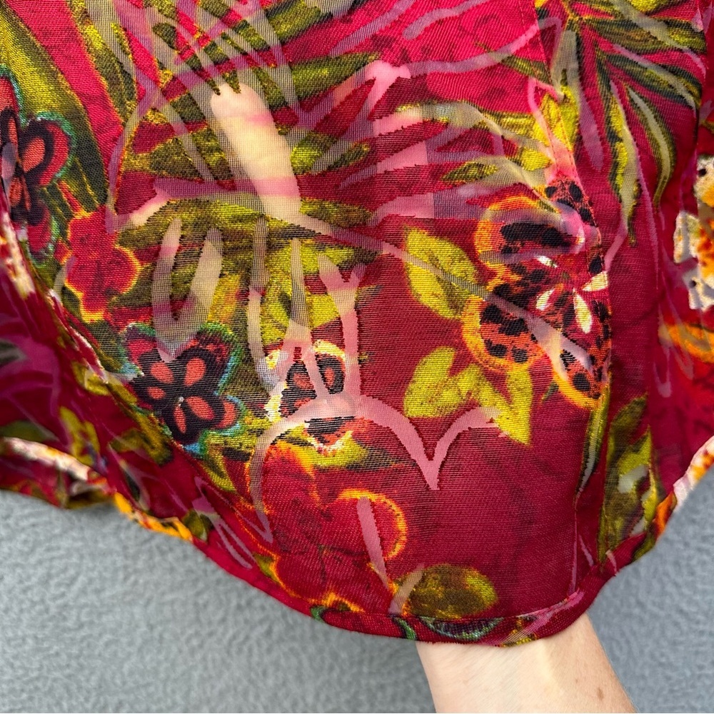 Chico's Long Sleeve Floral Button Up Linen Blend Tropical Artsty Red Women's 2 L - Picture 2 of 8